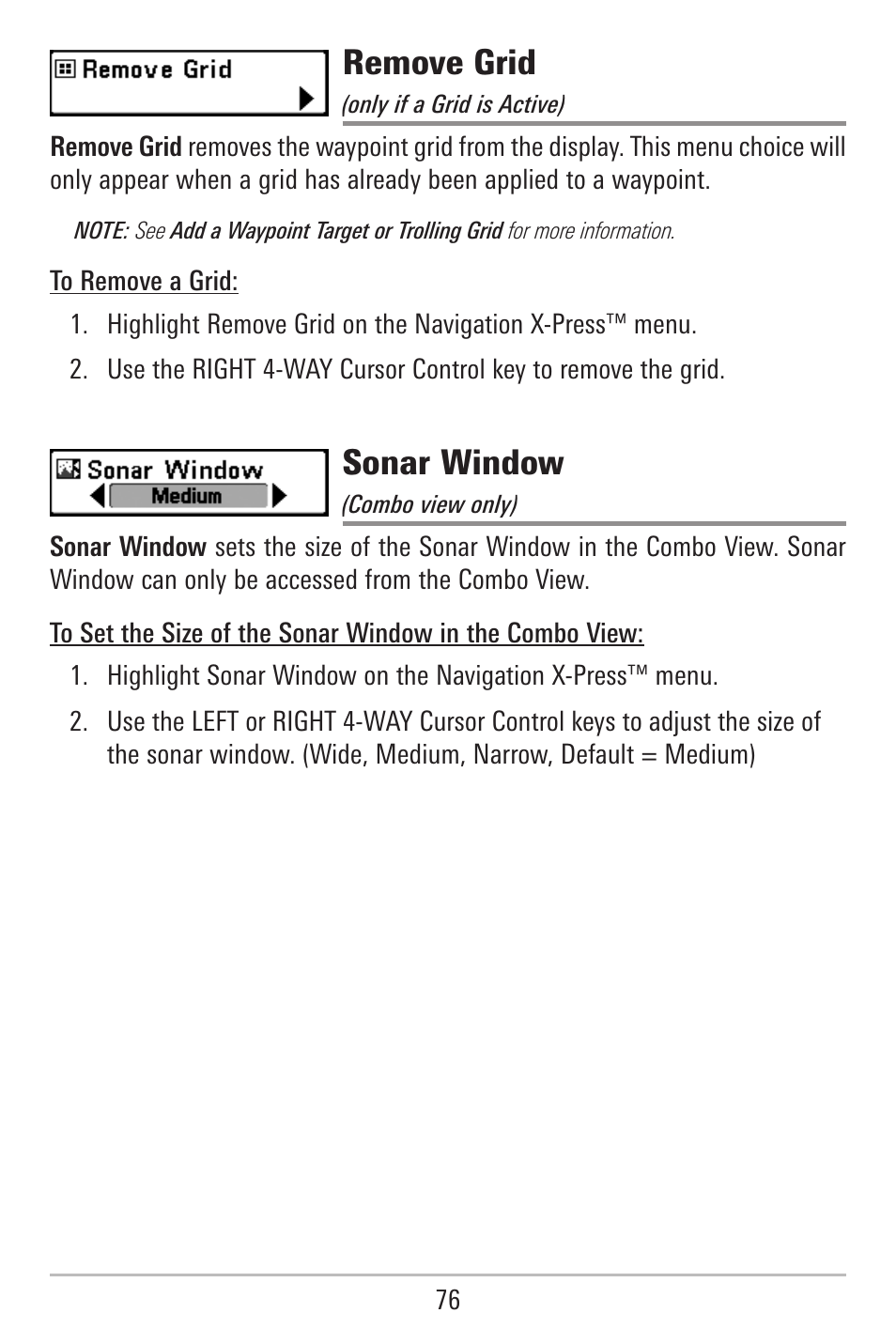 Remove grid, Sonar window | Humminbird 787c2i User Manual | Page 85 / 170