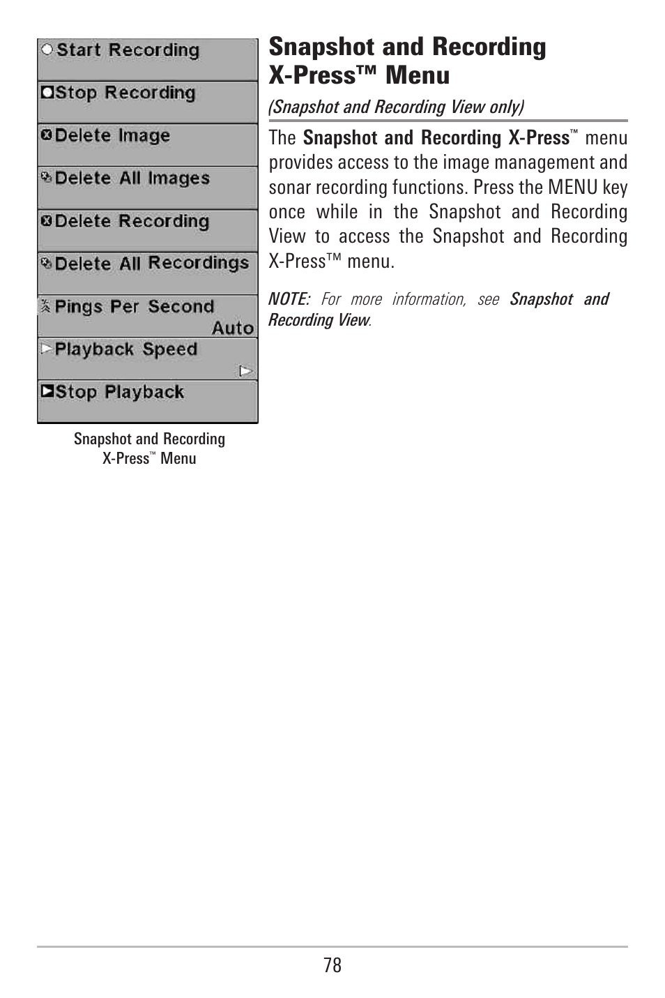 Snapshot and recording x-press™ menu, The snapshot and recording x-press | Humminbird 787c2i User Manual | Page 87 / 170