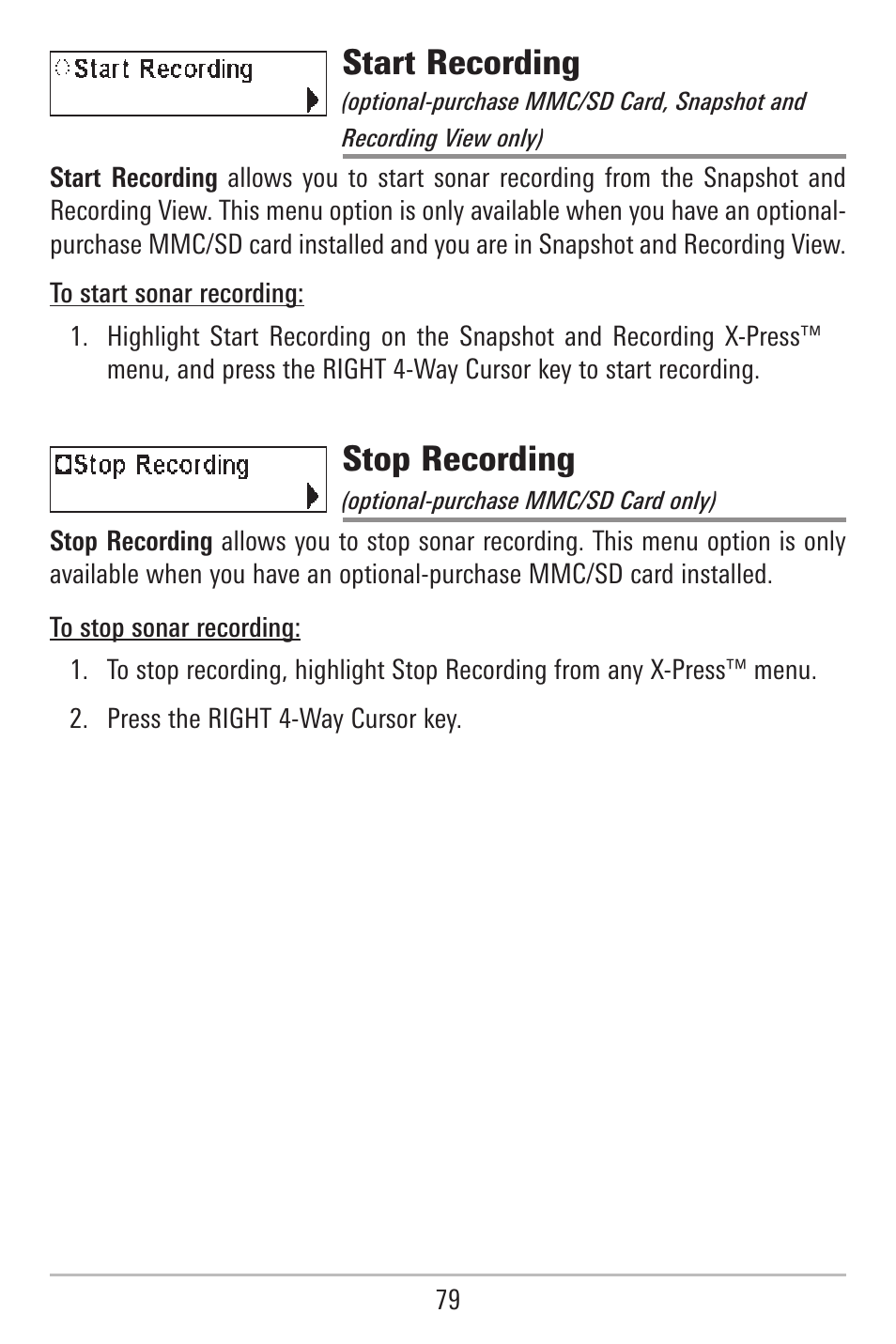 Start recording, Stop recording | Humminbird 787c2i User Manual | Page 88 / 170