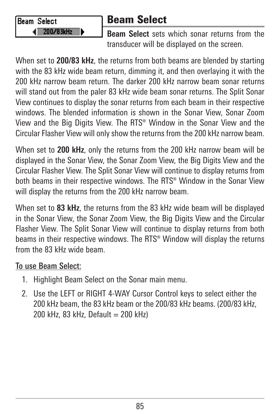 Beam select | Humminbird 787c2i User Manual | Page 94 / 170