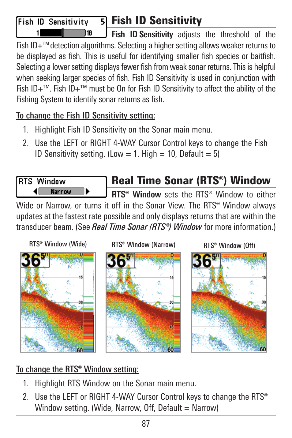 Fish id sensitivity, Real time sonar (rts®) window | Humminbird 787c2i User Manual | Page 96 / 170