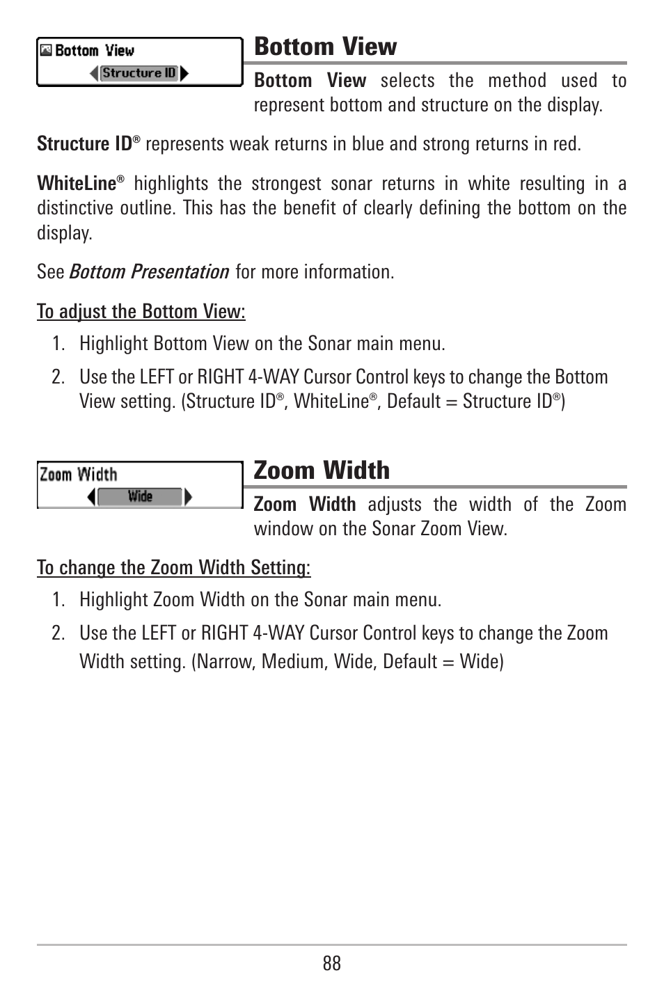 Bottom view, Zoom width | Humminbird 787c2i User Manual | Page 97 / 170