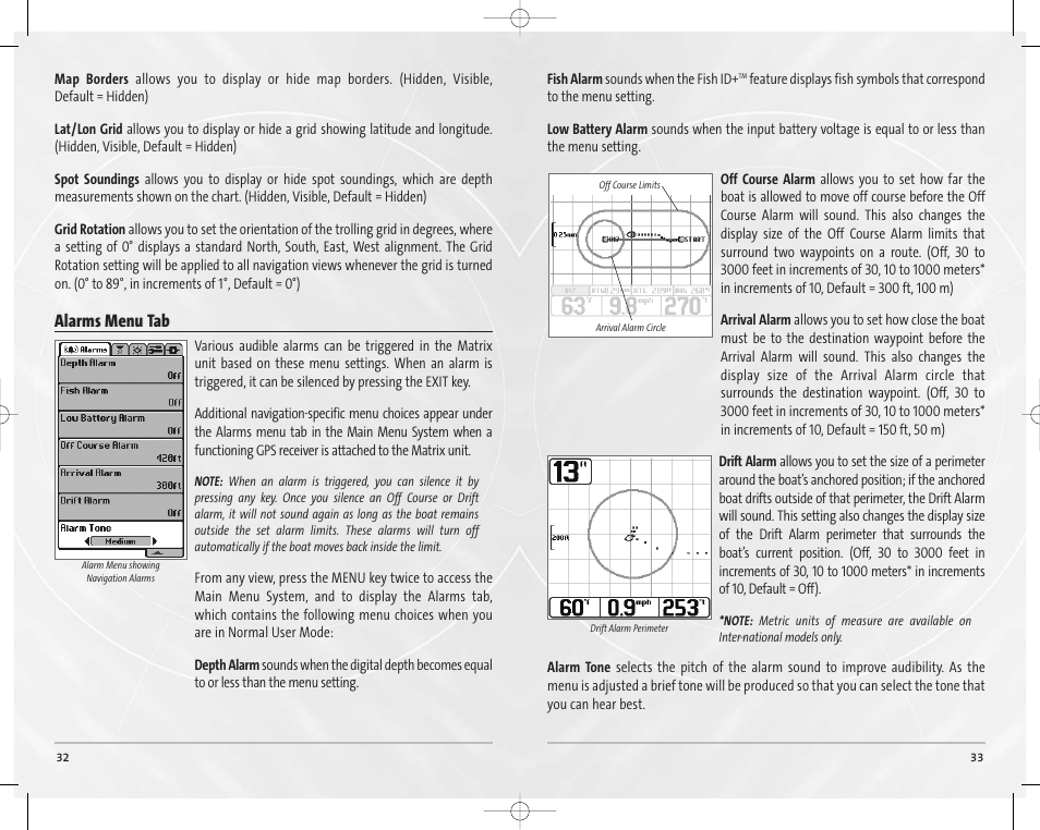 Alarms menu t, Alarms menu t ab ab | Humminbird Matrix 65 User Manual | Page 19 / 23