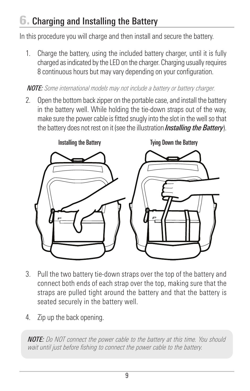 Charging and installing the battery | Humminbird PIRANHAMAX 190CPT User Manual | Page 15 / 44