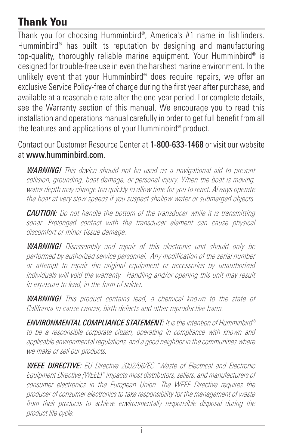 Thank you, Warnings | Humminbird PIRANHAMAX 190CPT User Manual | Page 2 / 44