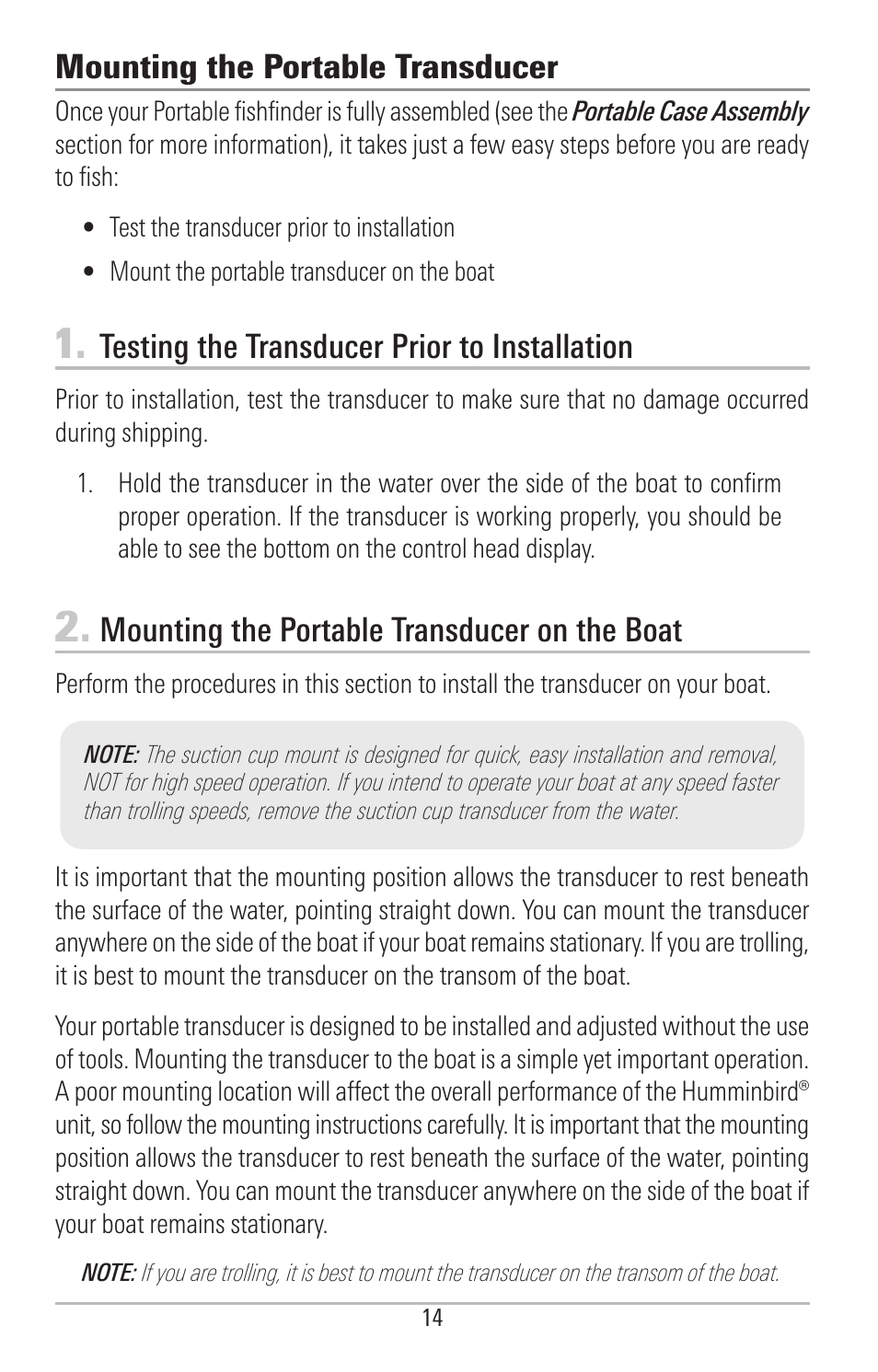 Mounting the portable transducer, Testing the transducer prior to installation, Mounting the portable transducer on the boat | Humminbird PIRANHAMAX 190CPT User Manual | Page 20 / 44