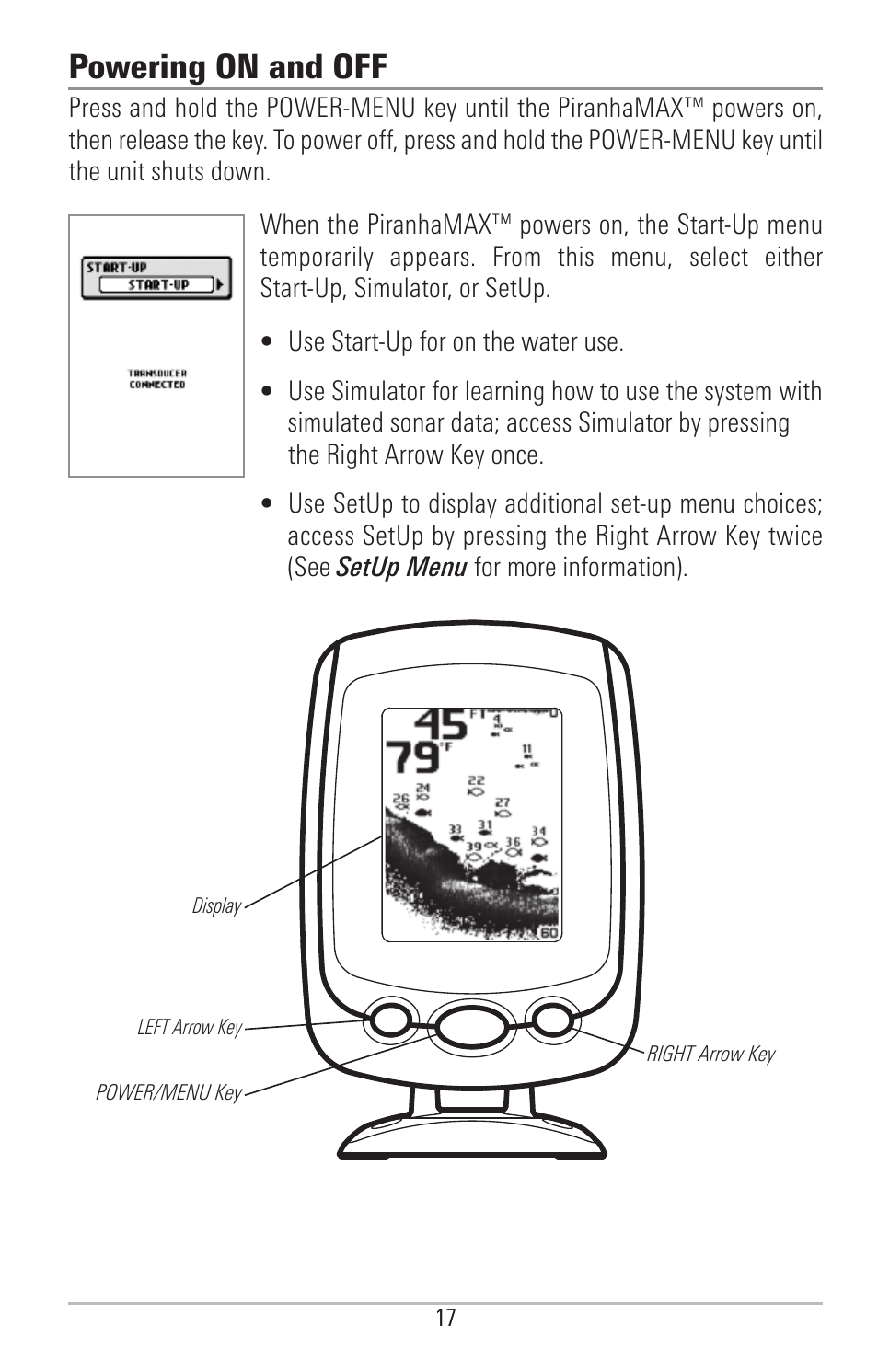 Powering on and off | Humminbird PIRANHAMAX 190CPT User Manual | Page 23 / 44