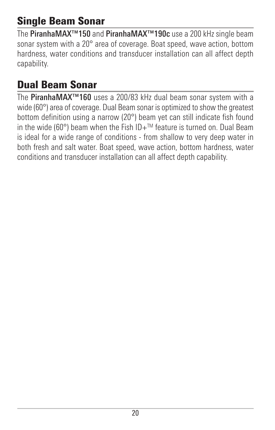 Single beam sonar, Dual beam sonar | Humminbird PIRANHAMAX 190CPT User Manual | Page 26 / 44