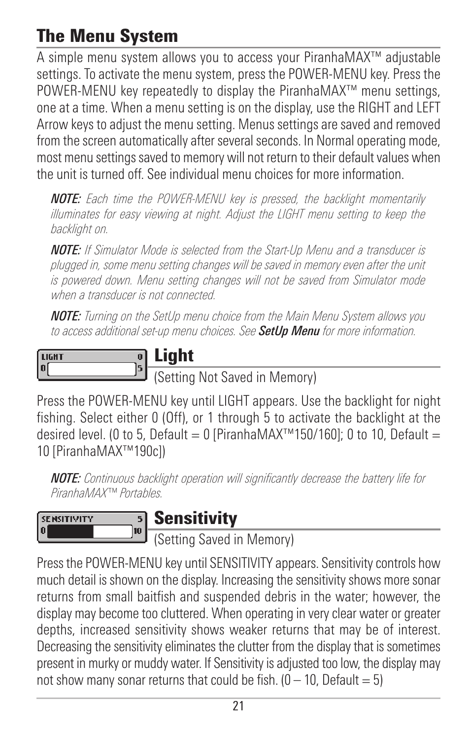 The menu system, Light, Sensitivity | Humminbird PIRANHAMAX 190CPT User Manual | Page 27 / 44