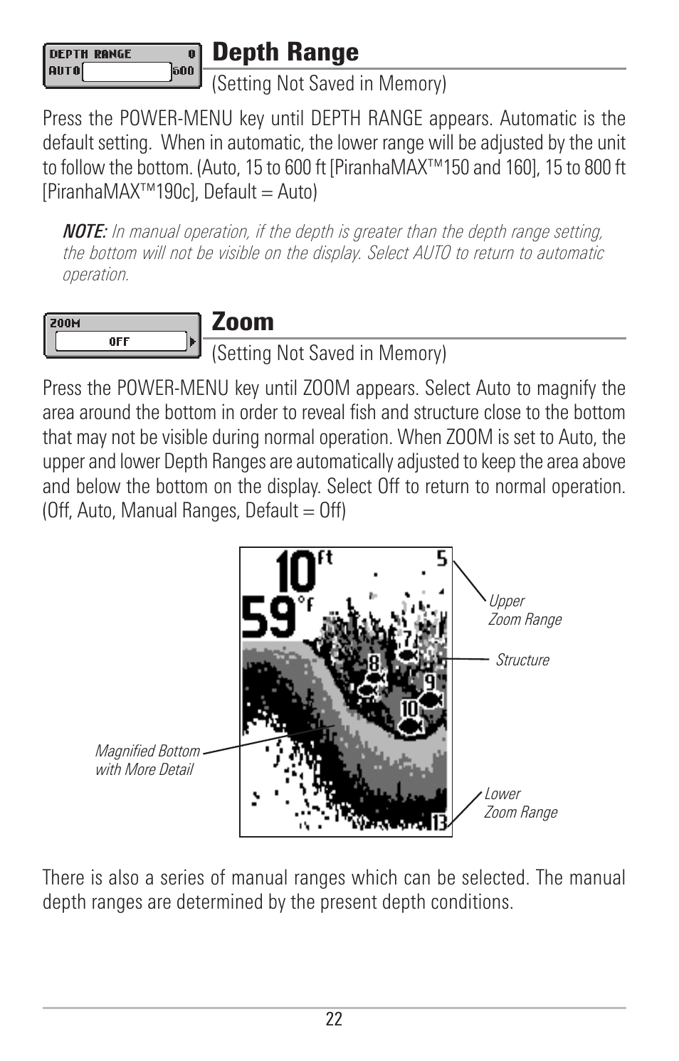 Depth range, Zoom | Humminbird PIRANHAMAX 190CPT User Manual | Page 28 / 44