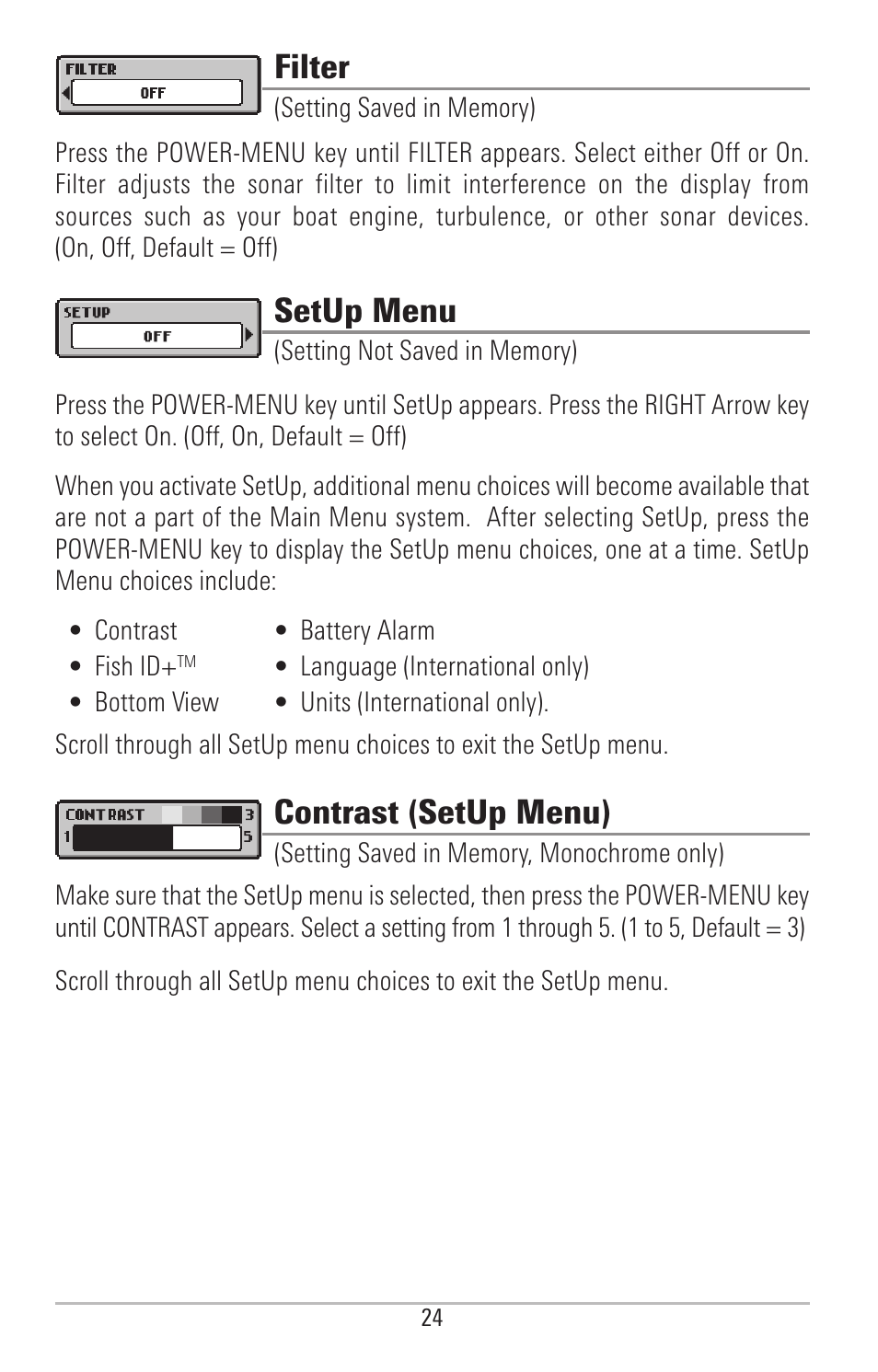 Filter, Setup menu, Contrast | Contrast (setup menu) | Humminbird PIRANHAMAX 190CPT User Manual | Page 30 / 44