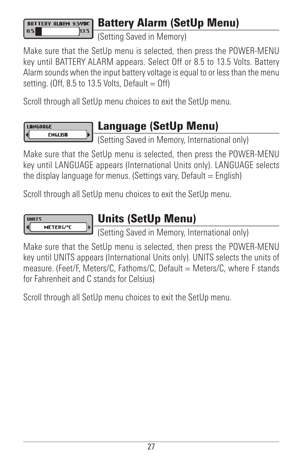 Battery alarm, Language, Units | Battery alarm (setup menu), Language (setup menu), Units (setup menu) | Humminbird PIRANHAMAX 190CPT User Manual | Page 33 / 44