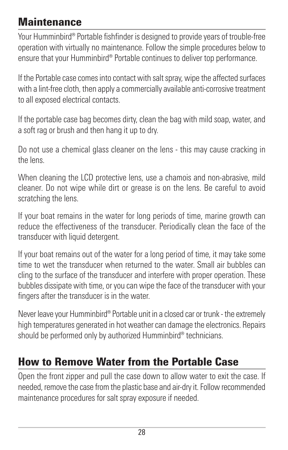 Maintenance, How to remove water from the portable case | Humminbird PIRANHAMAX 190CPT User Manual | Page 34 / 44