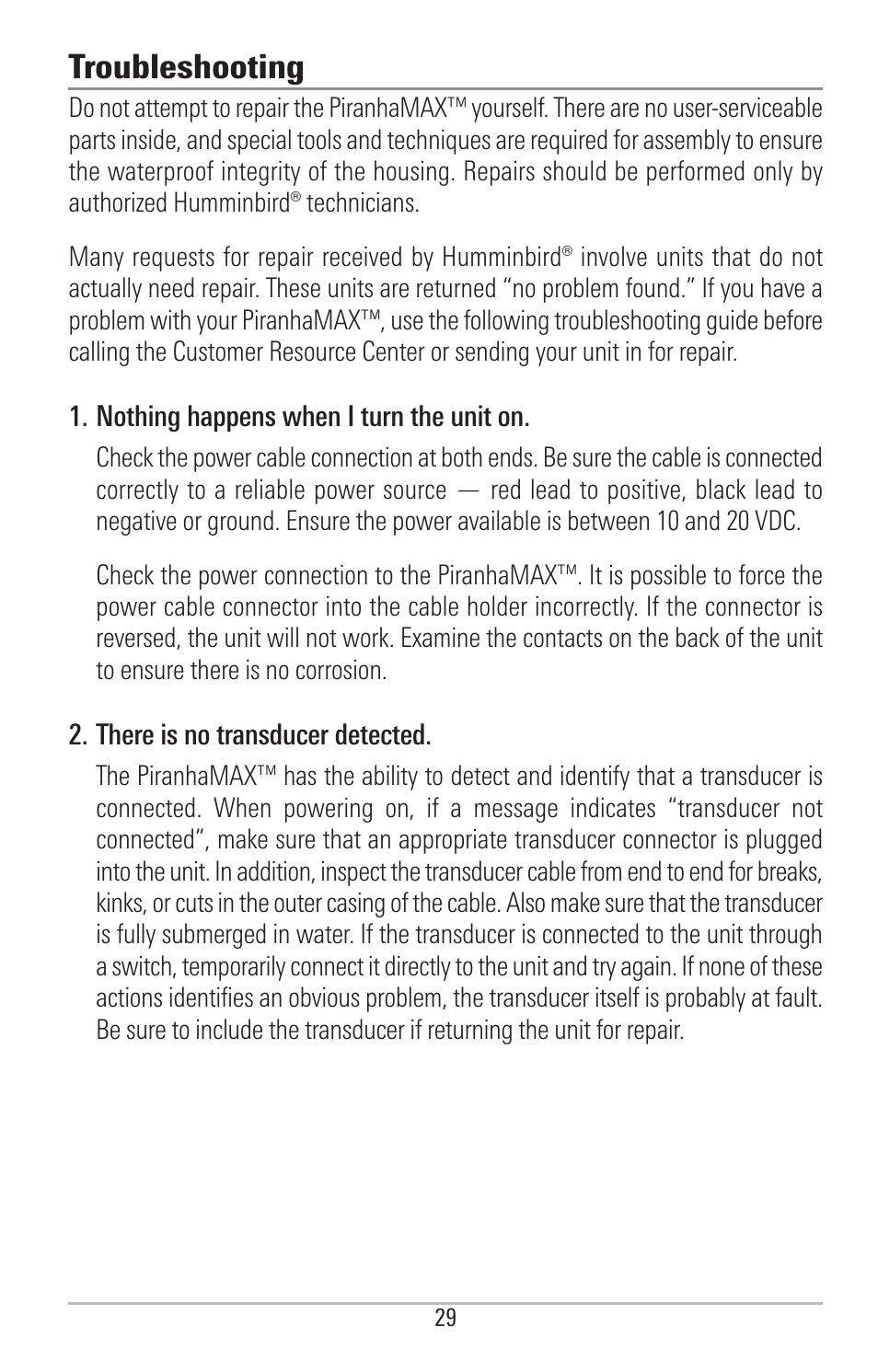 Troubleshooting | Humminbird PIRANHAMAX 190CPT User Manual | Page 35 / 44