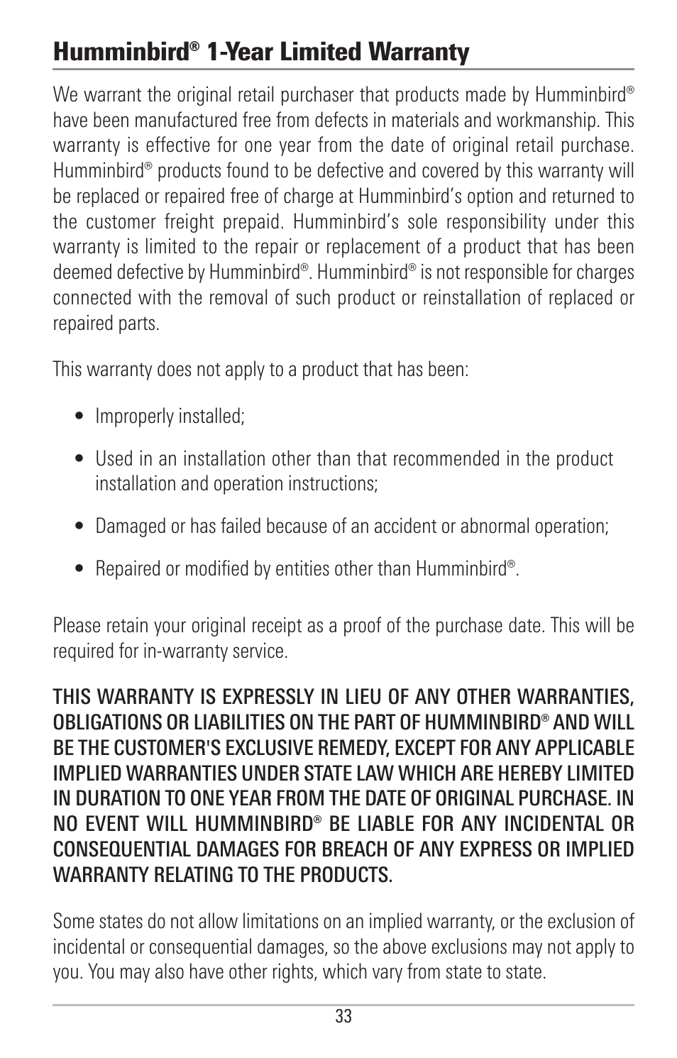 Humminbird® 1-year limited warranty | Humminbird PIRANHAMAX 190CPT User Manual | Page 39 / 44