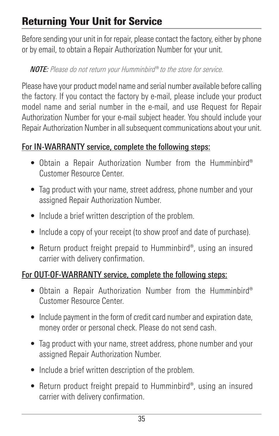 Returning your unit for service | Humminbird PIRANHAMAX 190CPT User Manual | Page 41 / 44