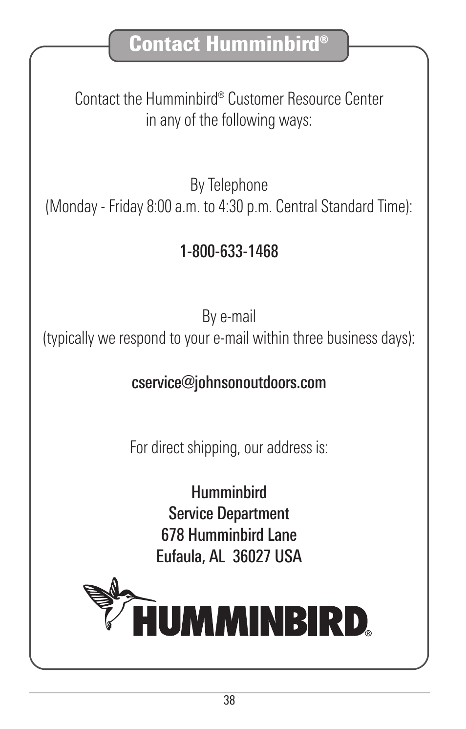 Contact humminbird | Humminbird PIRANHAMAX 190CPT User Manual | Page 44 / 44