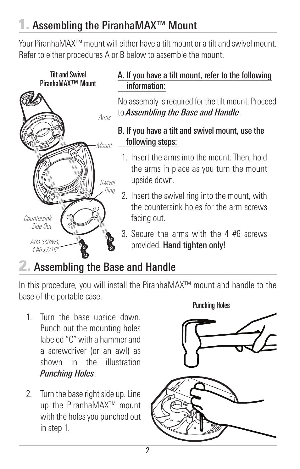 Assembling the piranhamax™ mount, Assembling the base and handle | Humminbird PIRANHAMAX 190CPT User Manual | Page 8 / 44