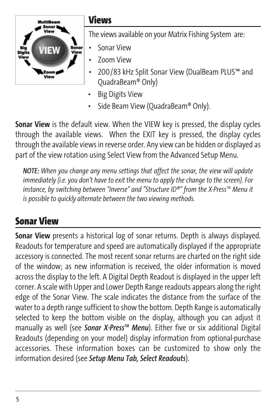 Views, Sonar view | Humminbird Matrix 20 User Manual | Page 10 / 60