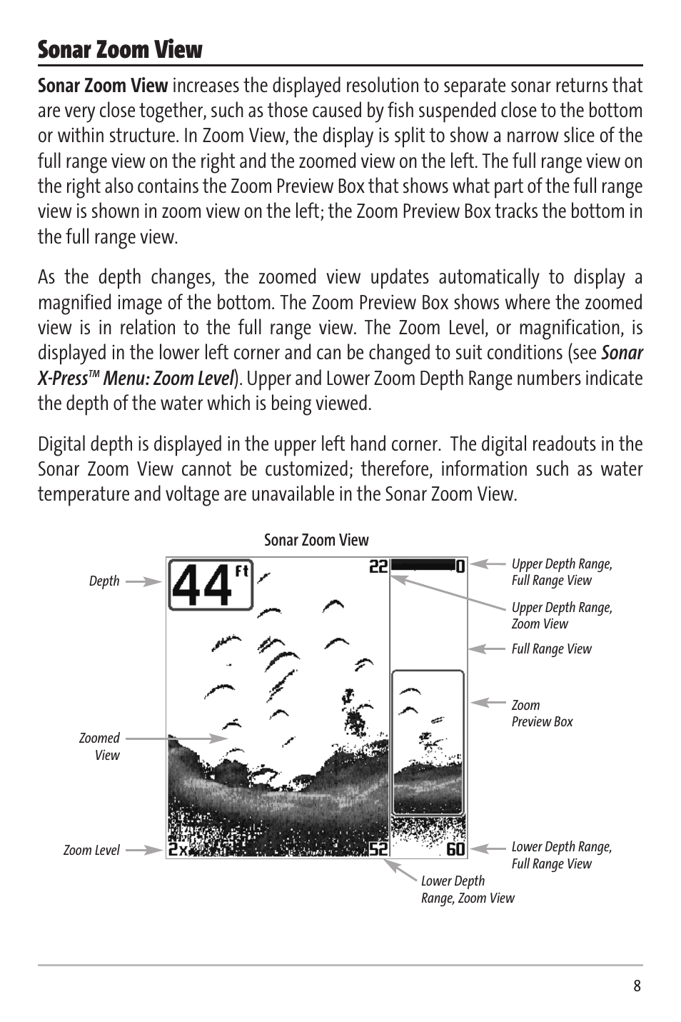 Sonar zoom view | Humminbird Matrix 20 User Manual | Page 13 / 60