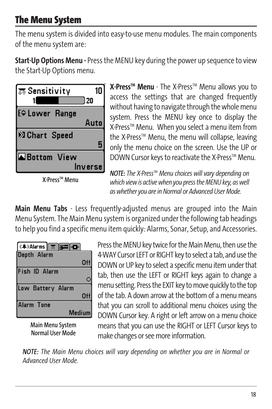 The menu system, Menu - the x-press, Menu. when you select a menu item from the x-press | Menu | Humminbird Matrix 20 User Manual | Page 23 / 60