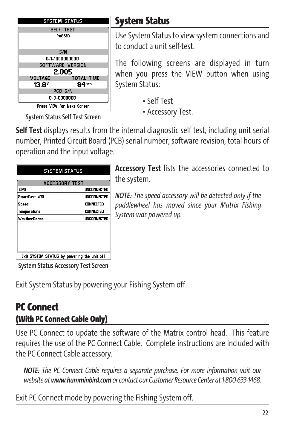 System status, Pc connect | Humminbird Matrix 20 User Manual | Page 27 / 60