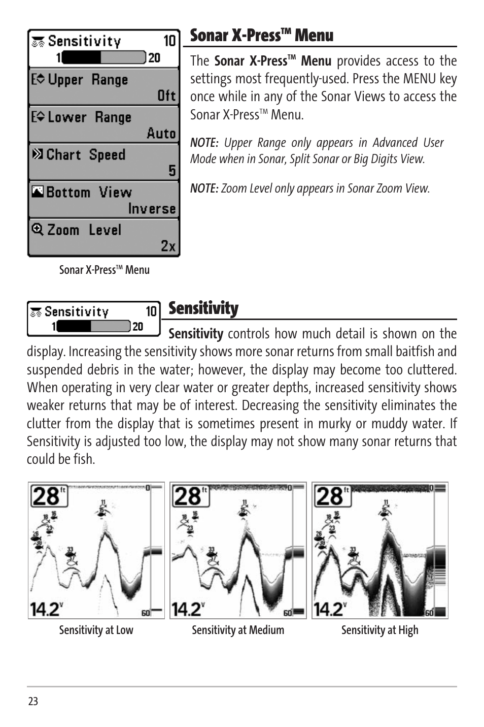 Sonar x-press, Menu, Sensitivity | Humminbird Matrix 20 User Manual | Page 28 / 60