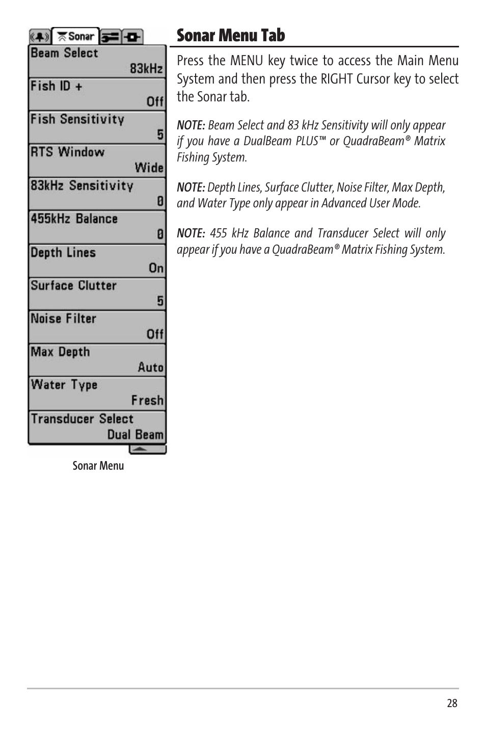 Sonar menu tab | Humminbird Matrix 20 User Manual | Page 33 / 60