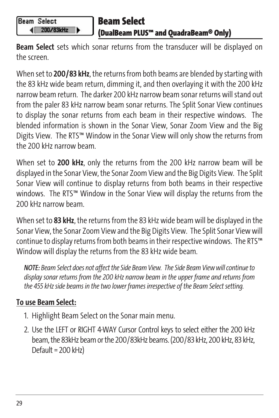 Beam select | Humminbird Matrix 20 User Manual | Page 34 / 60