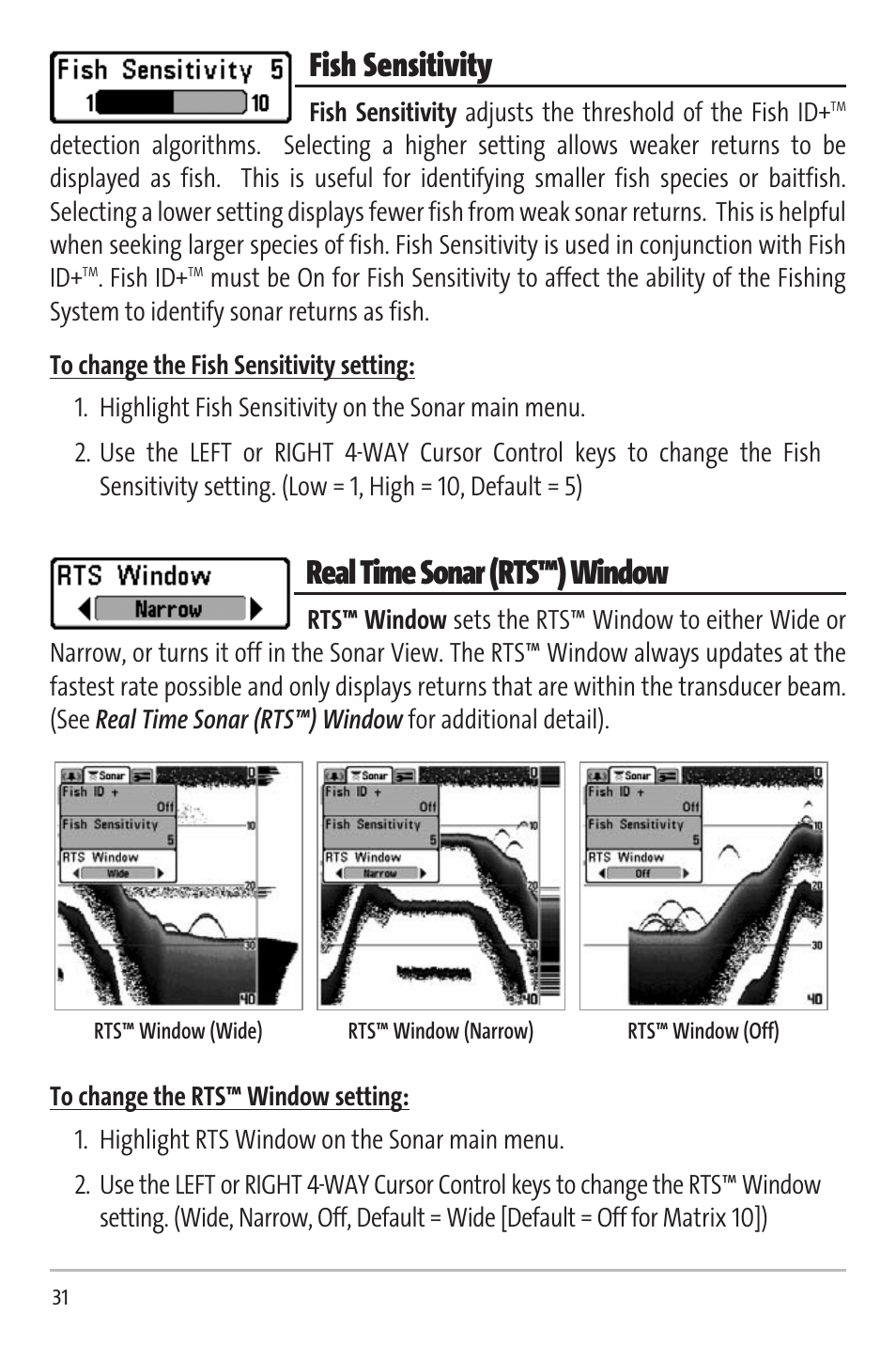 Fish sensitivity, Real time sonar (rts™) window | Humminbird Matrix 20 User Manual | Page 36 / 60