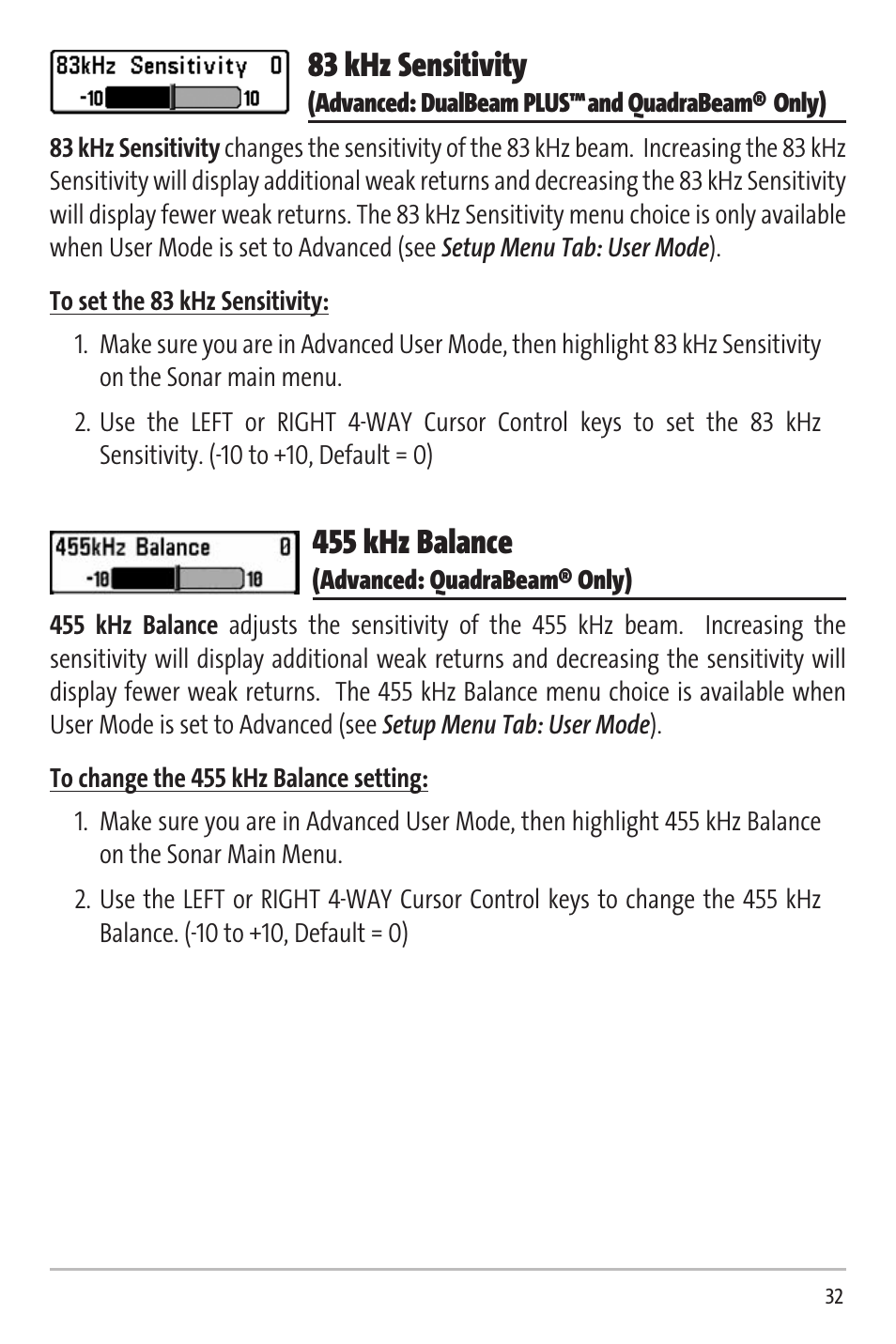 83 khz sensitivity, 455 khz balance | Humminbird Matrix 20 User Manual | Page 37 / 60