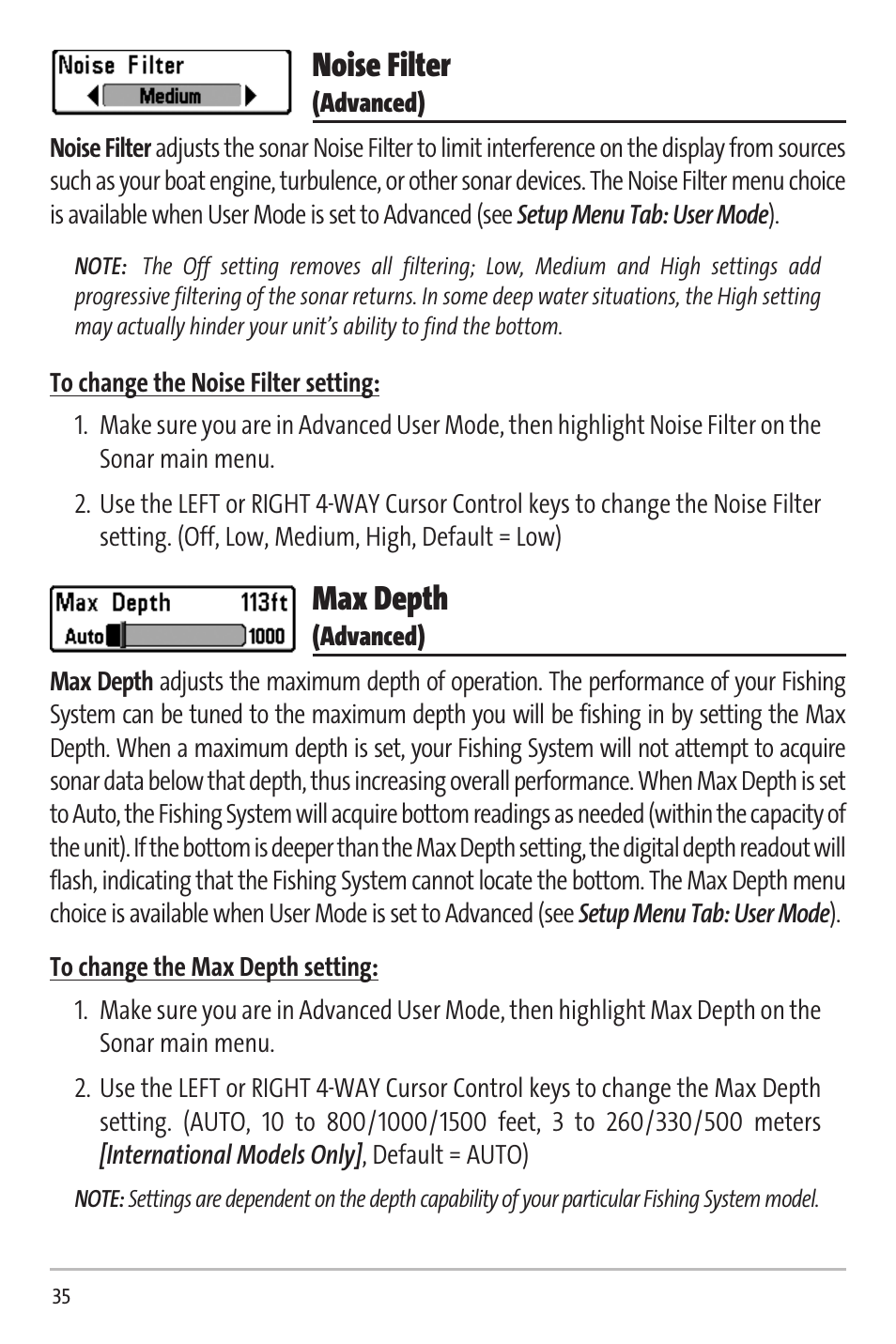 Noise filter, Max depth | Humminbird Matrix 20 User Manual | Page 40 / 60
