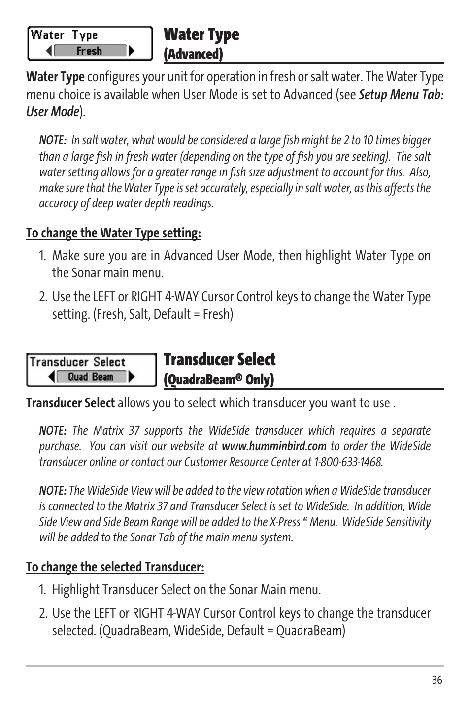 Water type, Transducer select | Humminbird Matrix 20 User Manual | Page 41 / 60