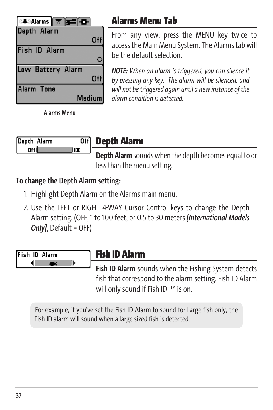 Alarms menu tab, Depth alarm, Fish id alarm | Humminbird Matrix 20 User Manual | Page 42 / 60
