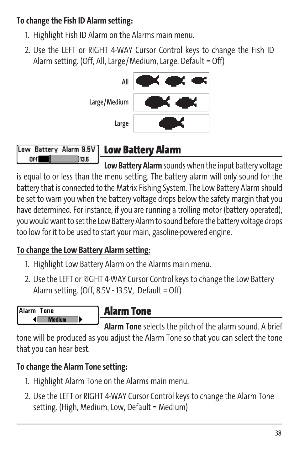 Low battery alarm, Alarm tone | Humminbird Matrix 20 User Manual | Page 43 / 60