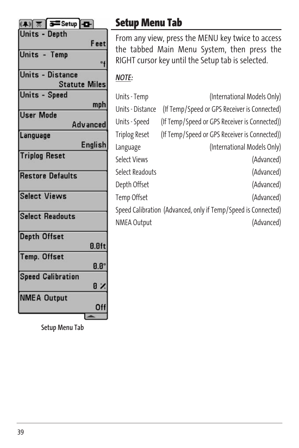 Setup menu tab | Humminbird Matrix 20 User Manual | Page 44 / 60