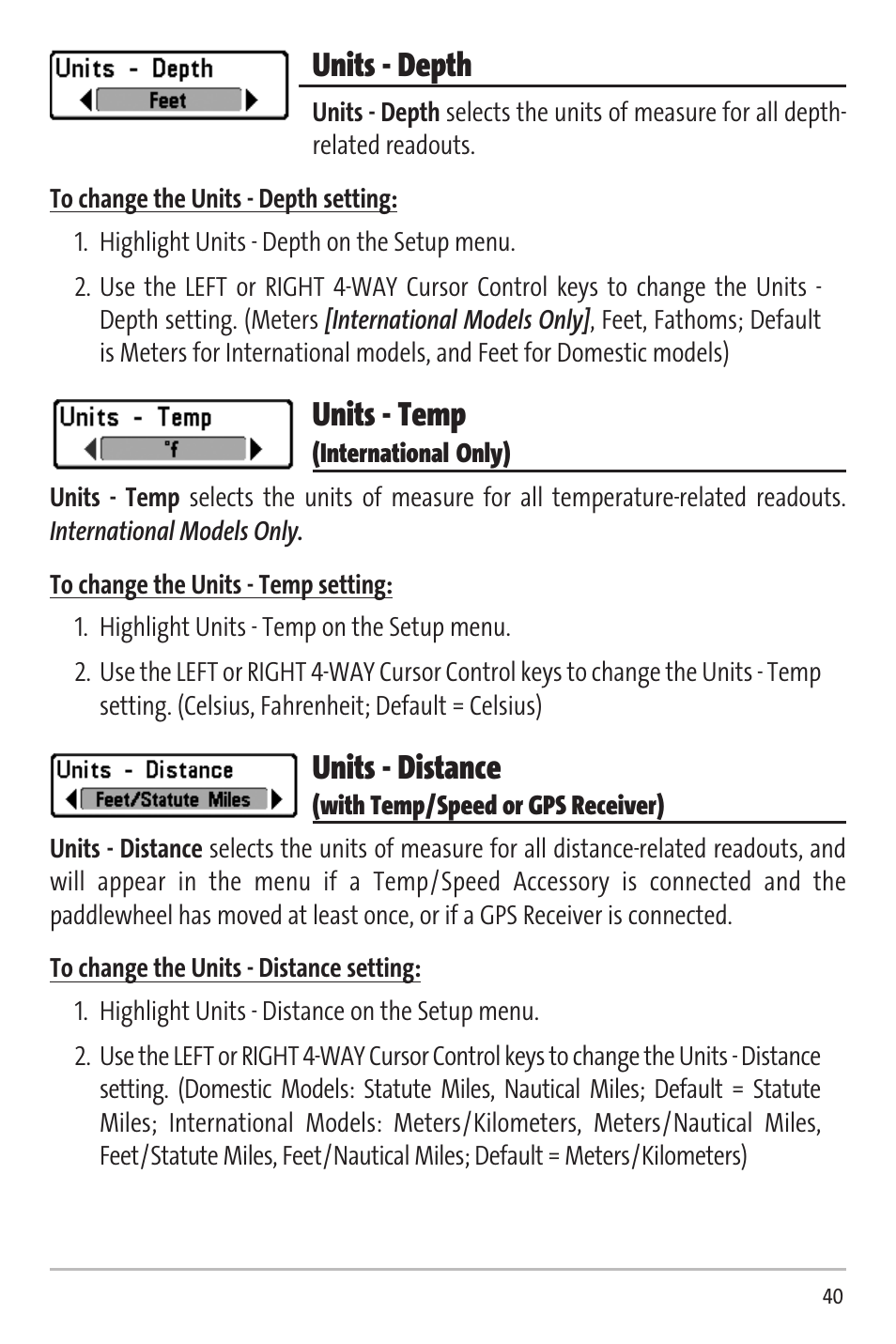 Units - depth, Units - temp, Units - distance | Humminbird Matrix 20 User Manual | Page 45 / 60