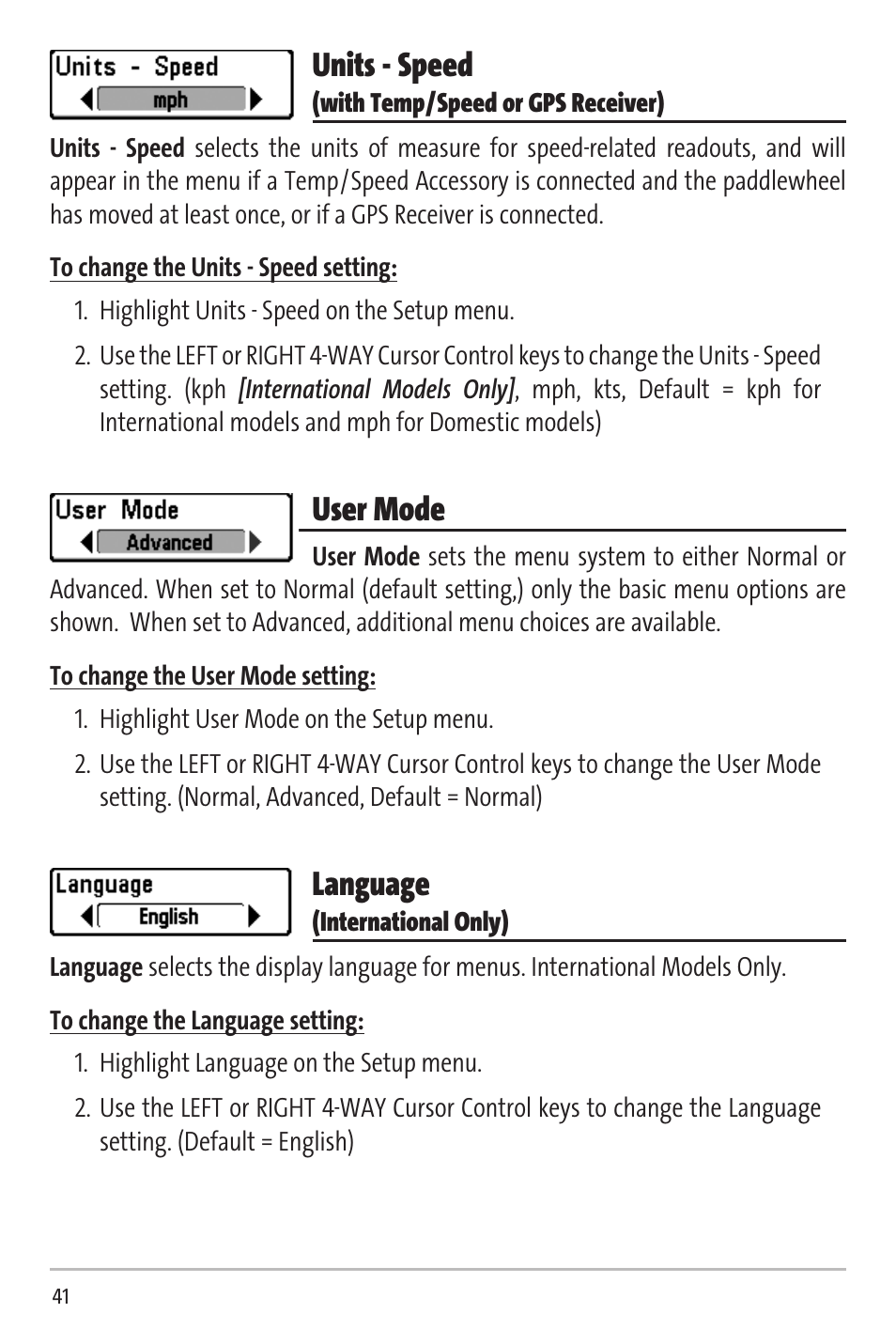 Units - speed, User mode, Language | Humminbird Matrix 20 User Manual | Page 46 / 60