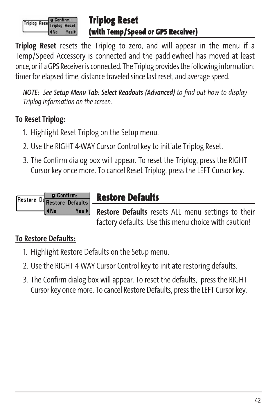 Triplog reset, Restore defaults | Humminbird Matrix 20 User Manual | Page 47 / 60