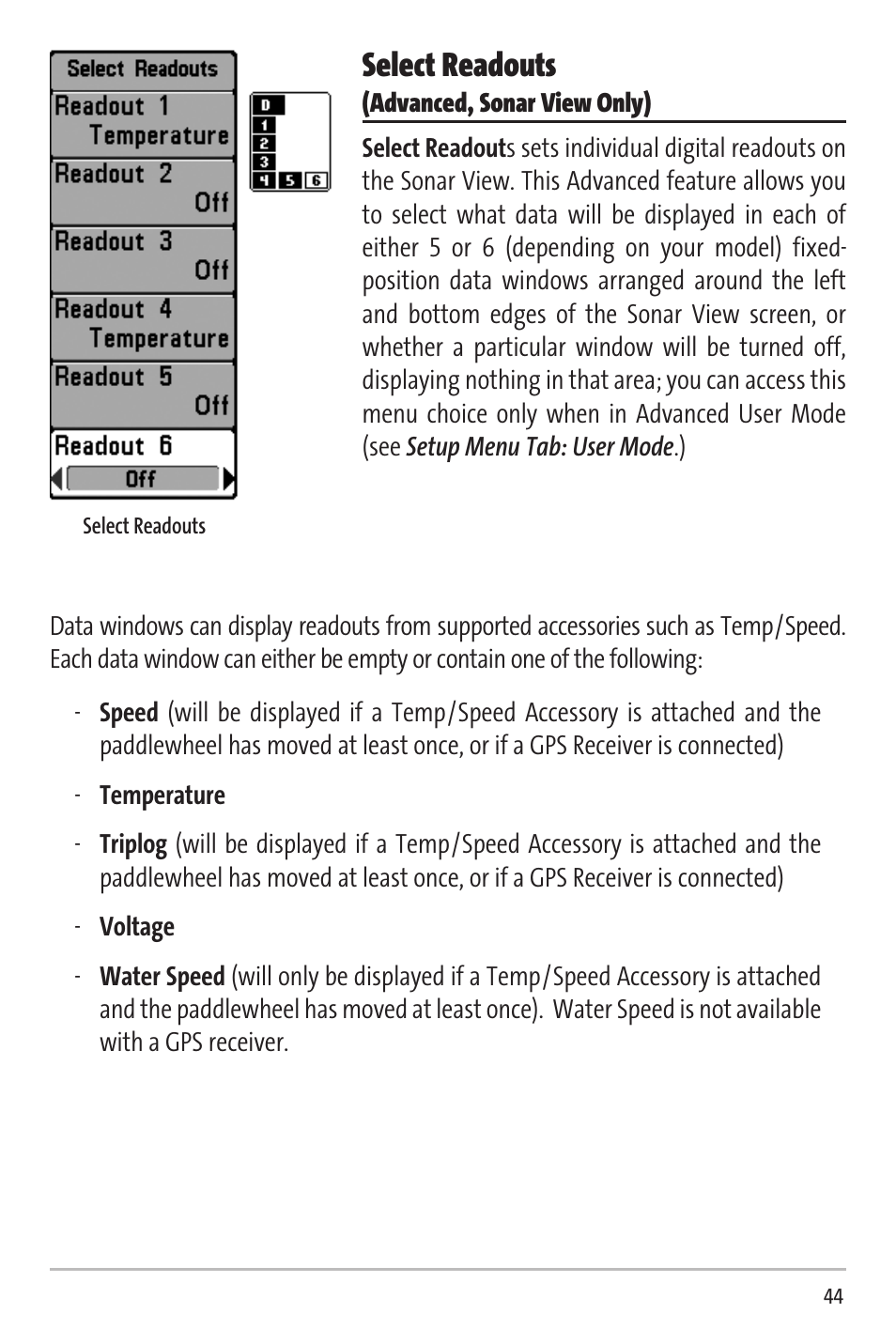 Select readouts | Humminbird Matrix 20 User Manual | Page 49 / 60