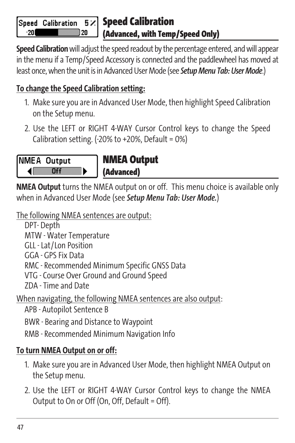 Speed calibration, Nmea output | Humminbird Matrix 20 User Manual | Page 52 / 60