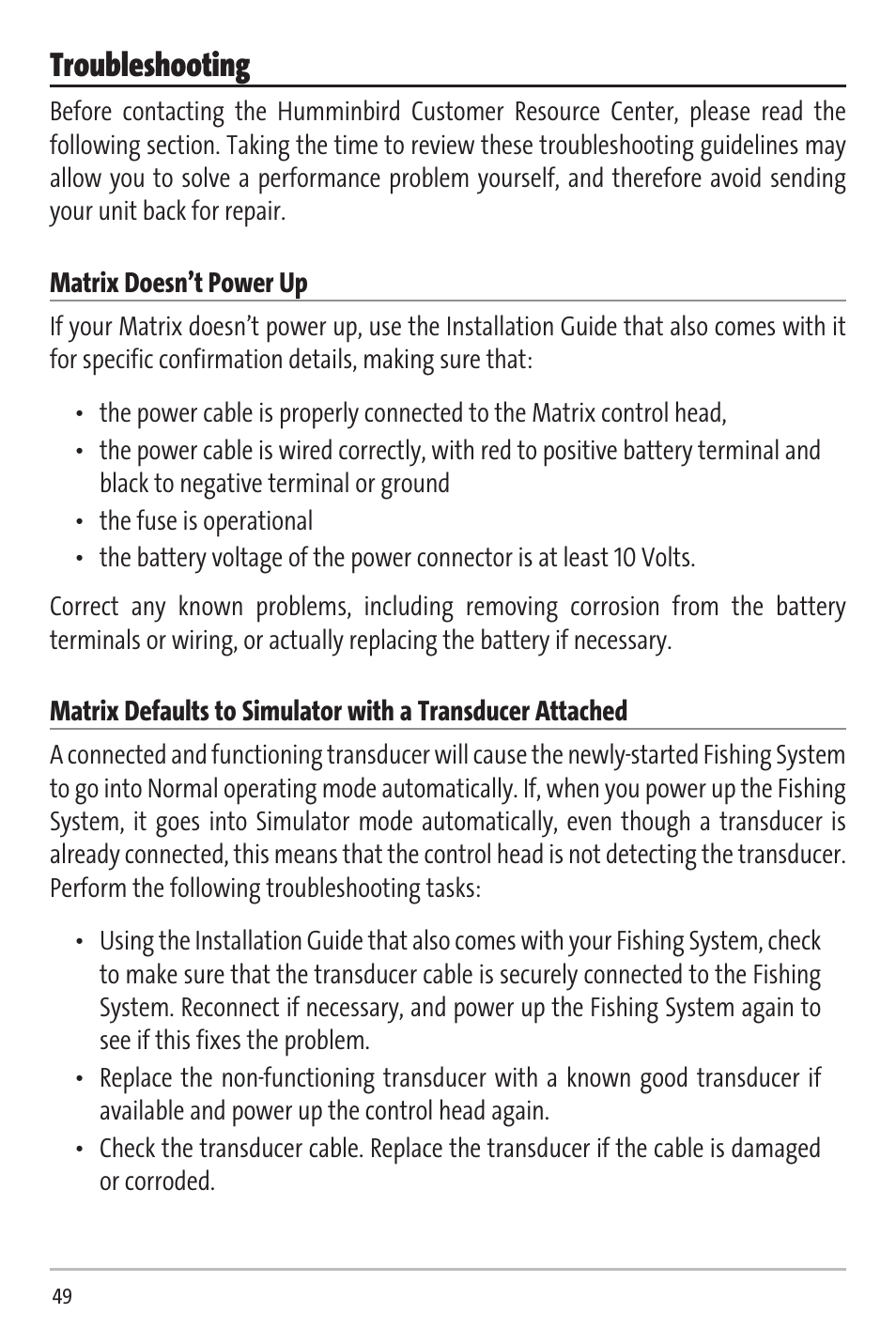 Troubleshooting | Humminbird Matrix 20 User Manual | Page 54 / 60