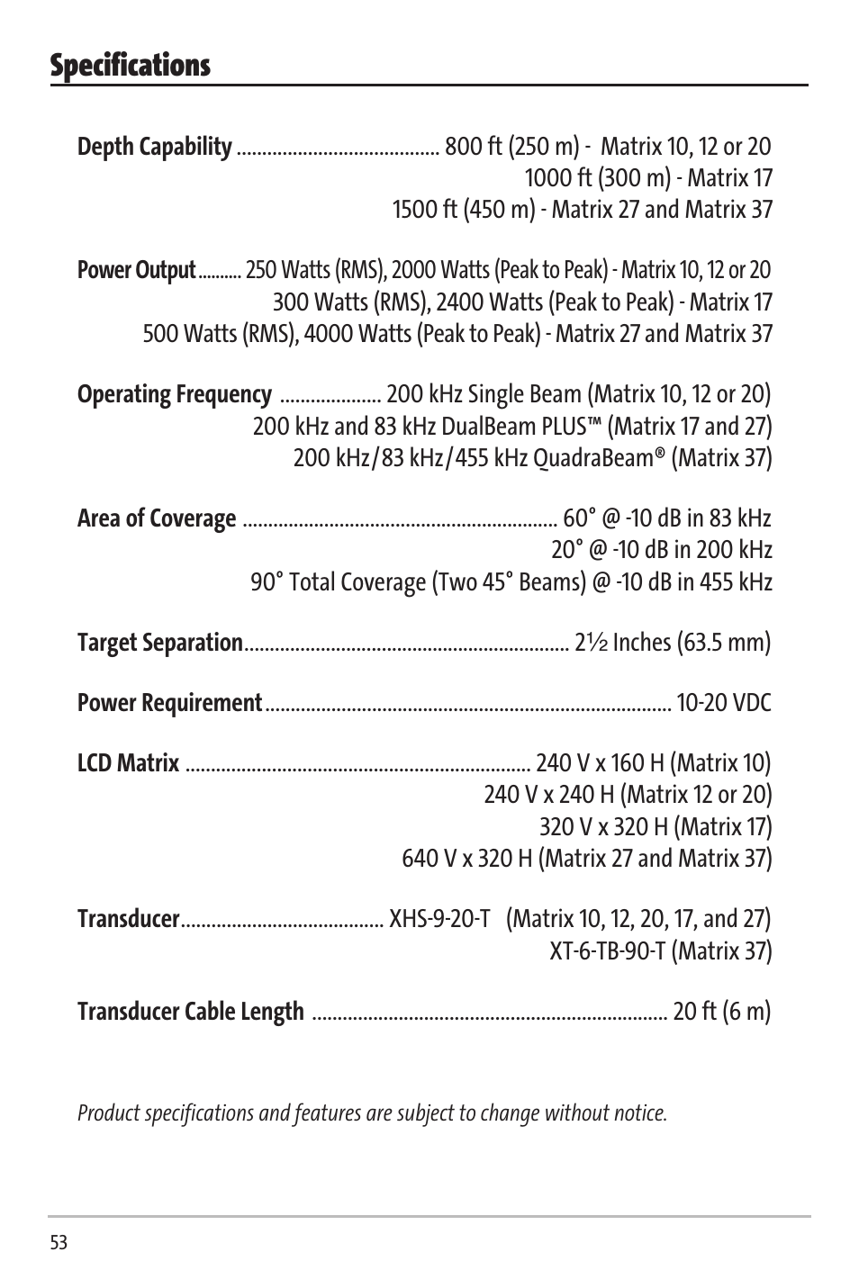 Specifications | Humminbird Matrix 20 User Manual | Page 58 / 60