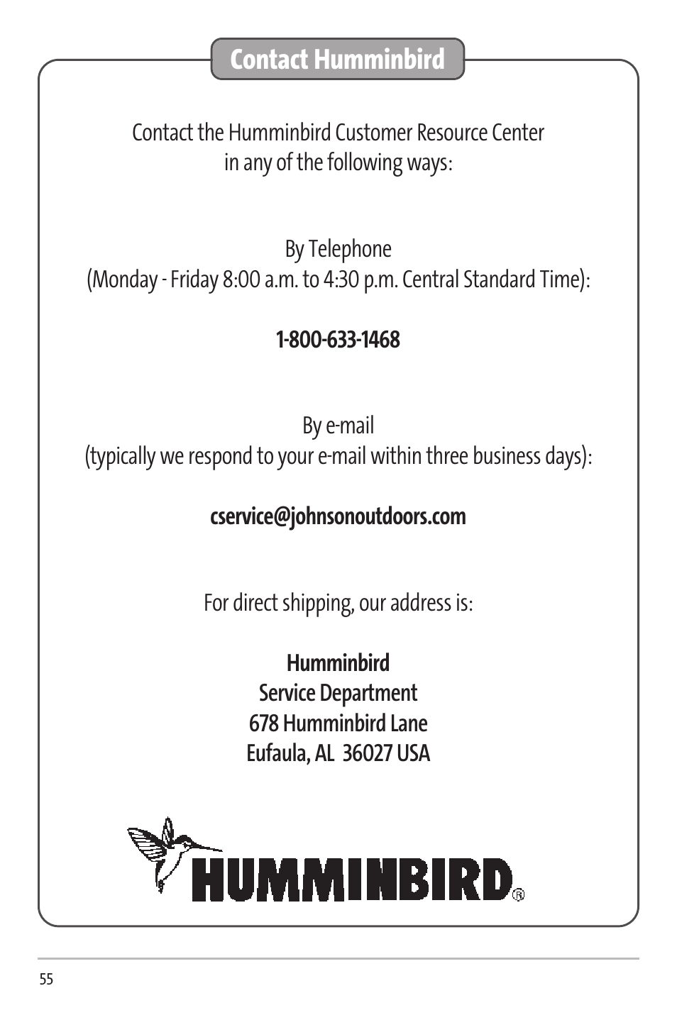 Contact humminbird | Humminbird Matrix 20 User Manual | Page 60 / 60