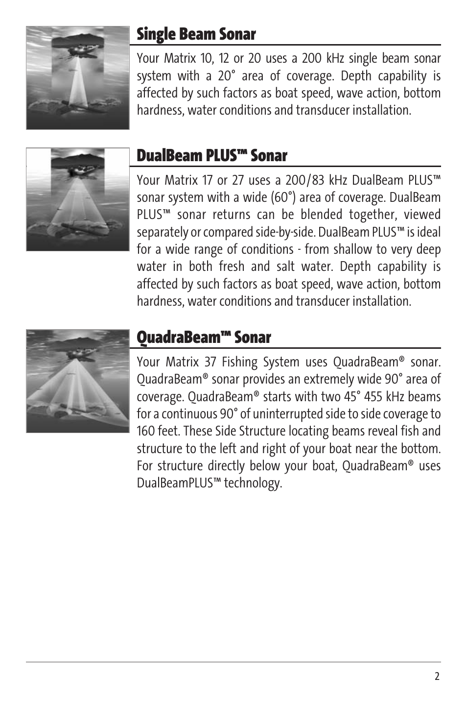 Single beam sonar, Dualbeam plus™ sonar, Quadrabeam™ sonar | Humminbird Matrix 20 User Manual | Page 7 / 60