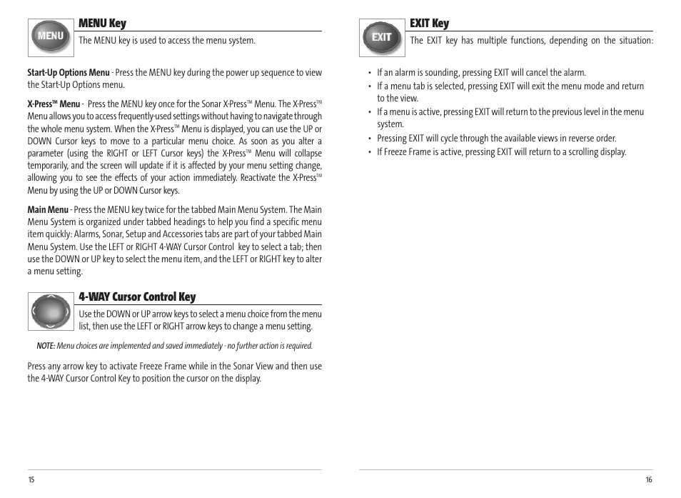 Exit key, Menu key, Way cursor control key | Humminbird Matrix 17 User Manual | Page 11 / 31