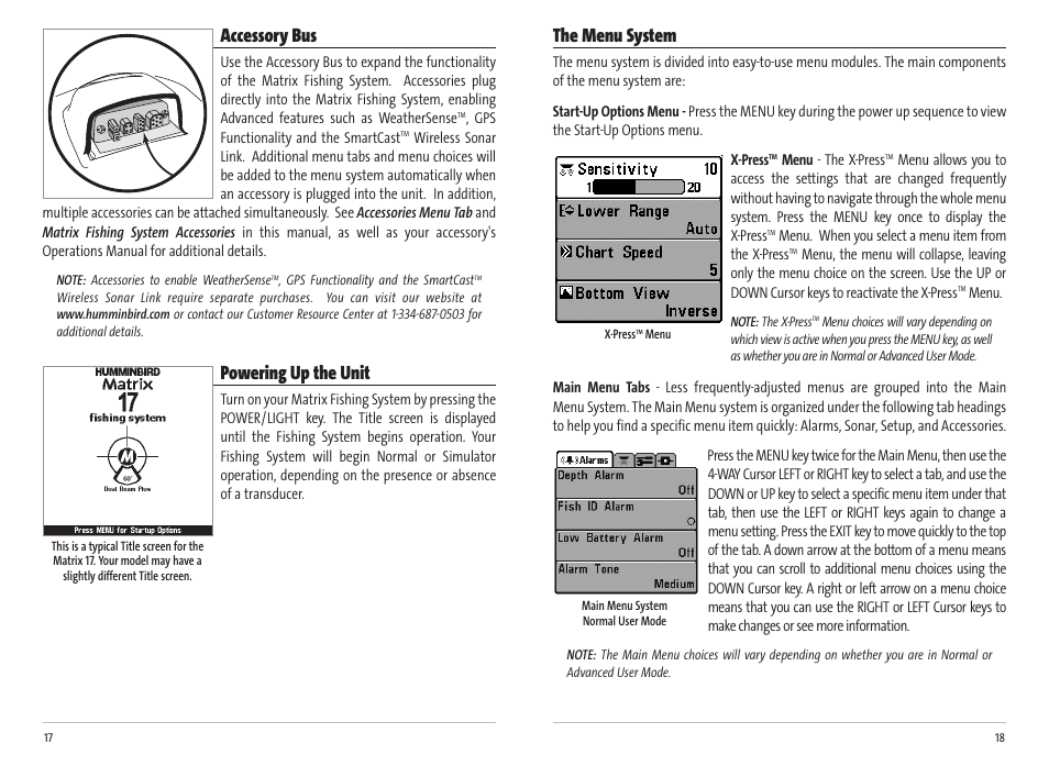 The menu system, Accessory bus, Powering up the unit | Humminbird Matrix 17 User Manual | Page 12 / 31