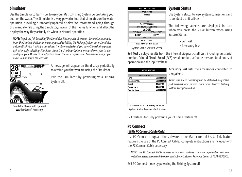 System status, Pc connect, Simulator | Humminbird Matrix 17 User Manual | Page 14 / 31