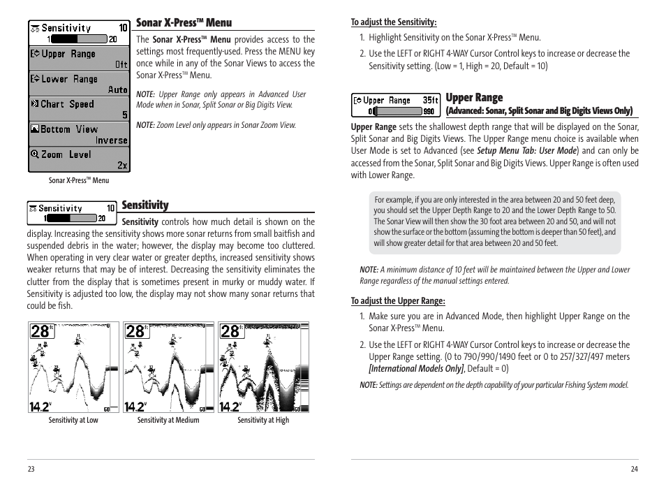 Upper range, Sonar x-press, Menu | Sensitivity | Humminbird Matrix 17 User Manual | Page 15 / 31