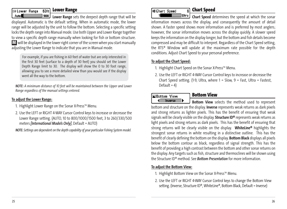 Chart speed, Bottom view, Lower range | Humminbird Matrix 17 User Manual | Page 16 / 31